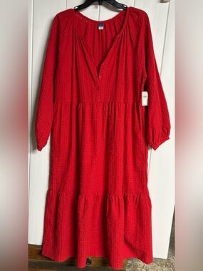 Old Navy Red Long Sleeve Tiered Midi Dress